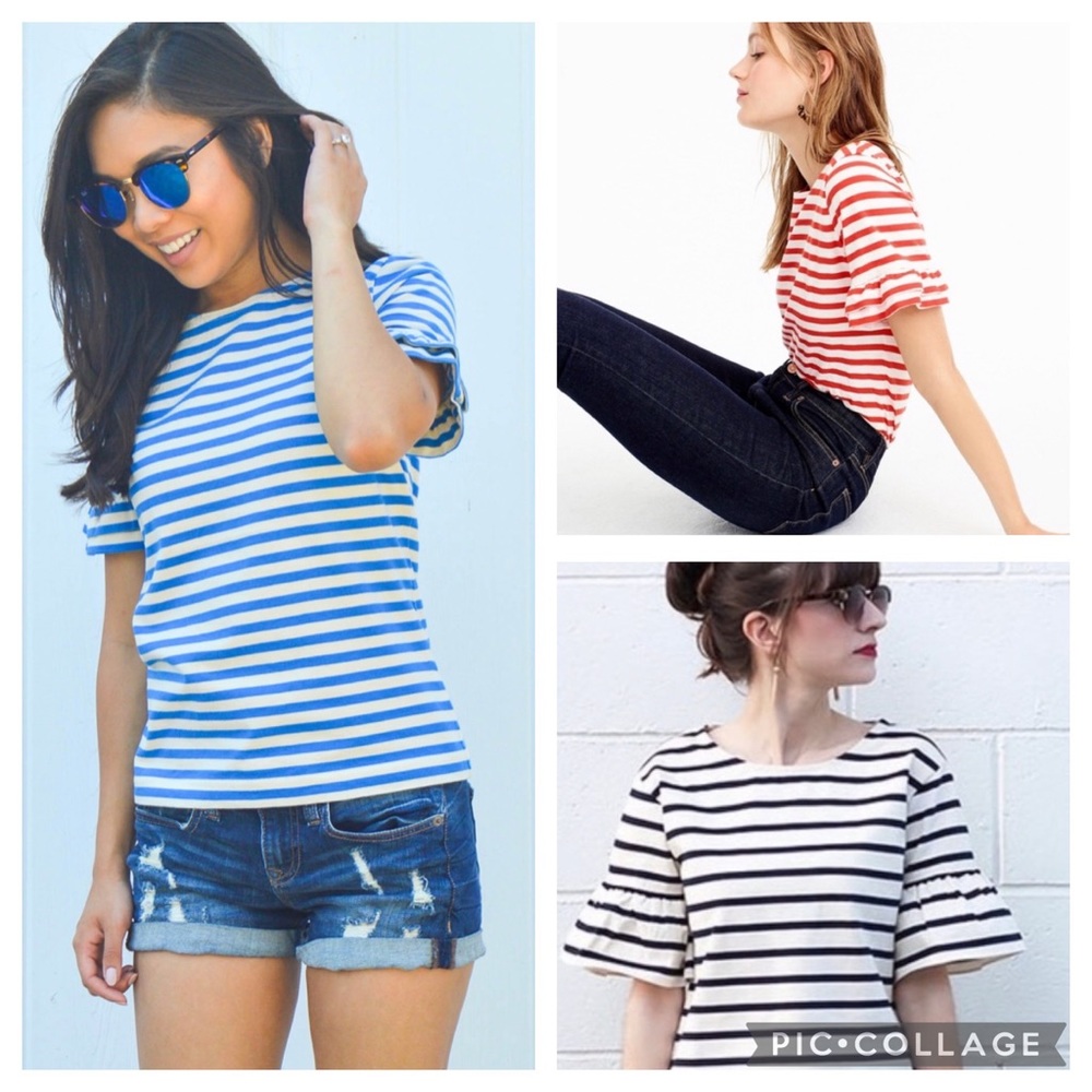 Jcrew Ruffle Sleeve Top Shirt Red Light Blue White